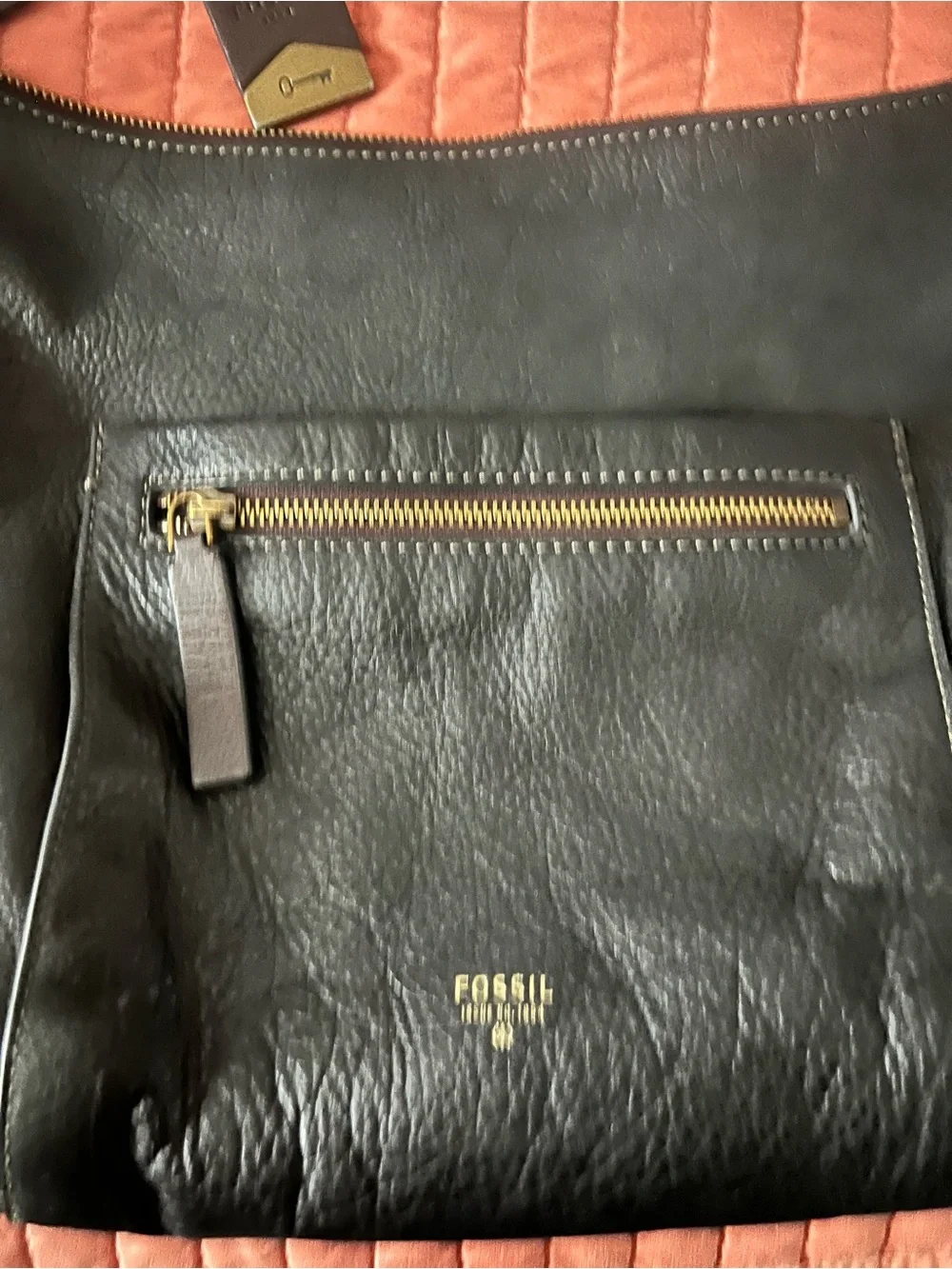Fossil Black Leather Hobo Bag with Brown Strap and Gold Hardware